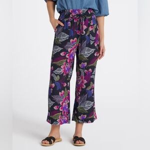 Tribal Women's Wide Leg Gauze Stretch Pants with Purple Floral Design